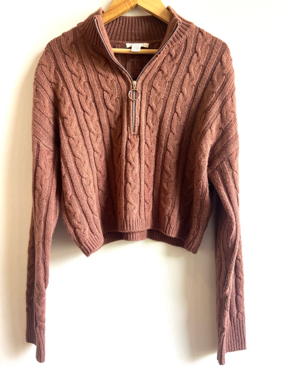 Full Tilt Cropped Cable-Knit Half-Zip Sweater in Dusty Rose